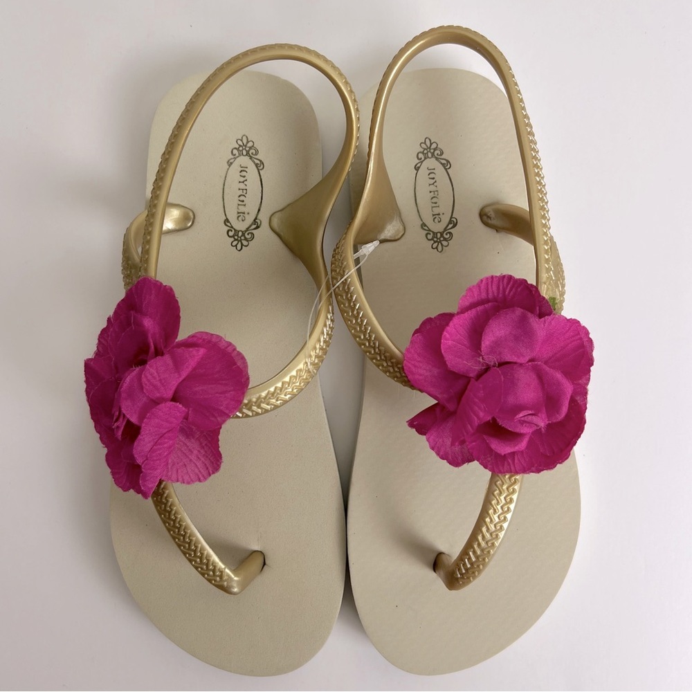 Joyfolie | Pink Flower Embellished Gold Cassia Sandal Fit Flop | Girls 3 / 4